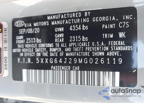 2021 Kia K5 Gt-Line из США, поврежденный, VIN 5XXG64J29MG026119